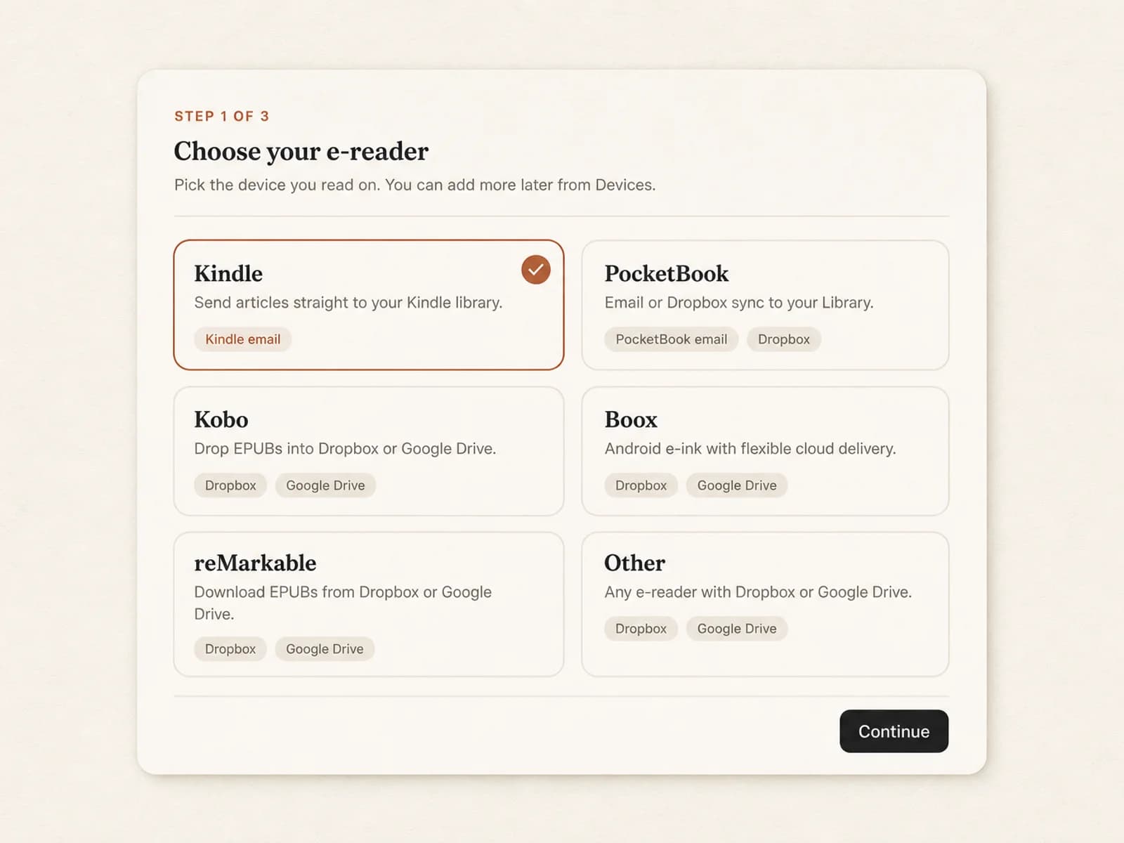 Inkbox onboarding screen to choose your e-reader