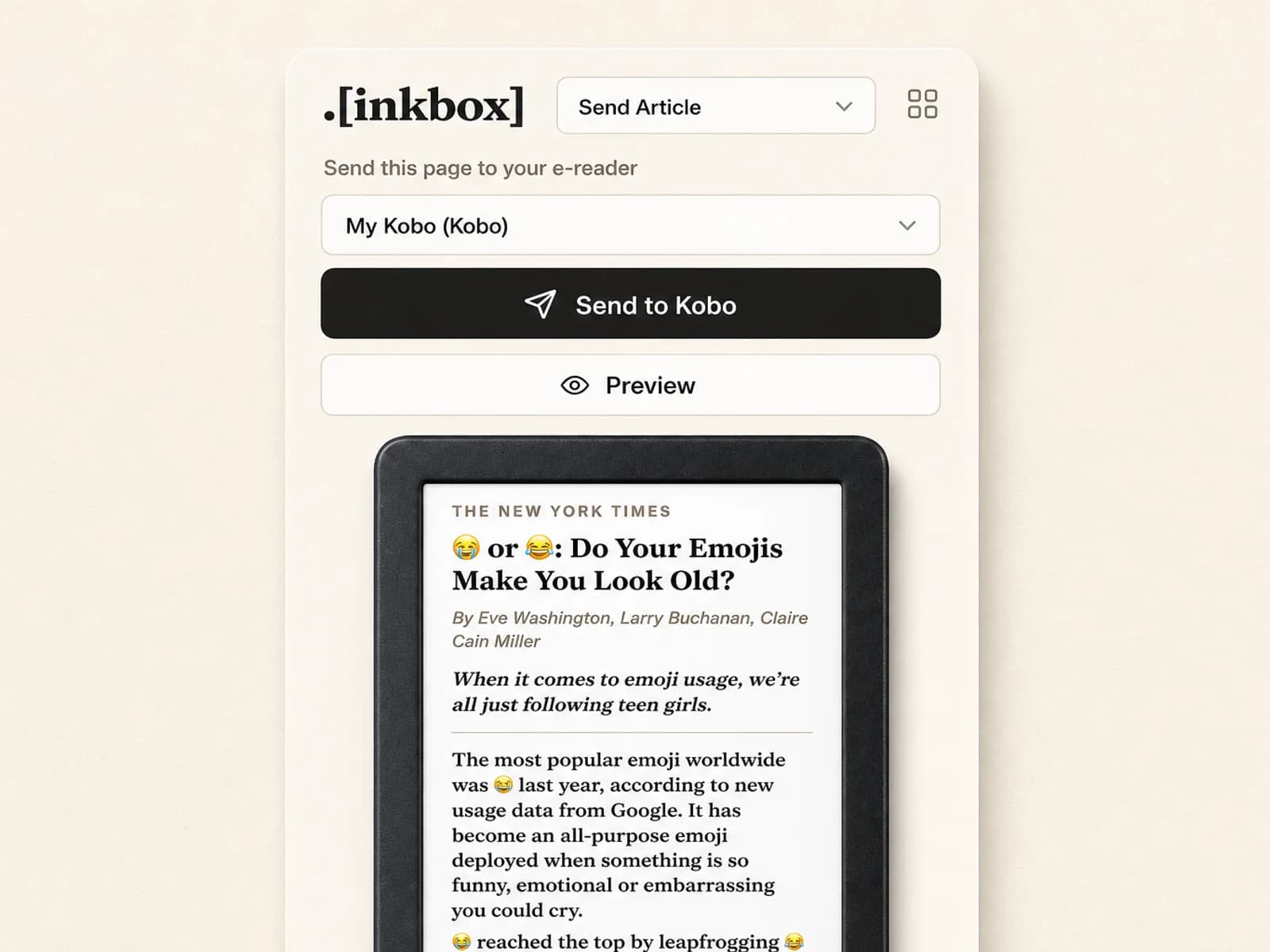 Inkbox browser extension sending an article to a Kobo