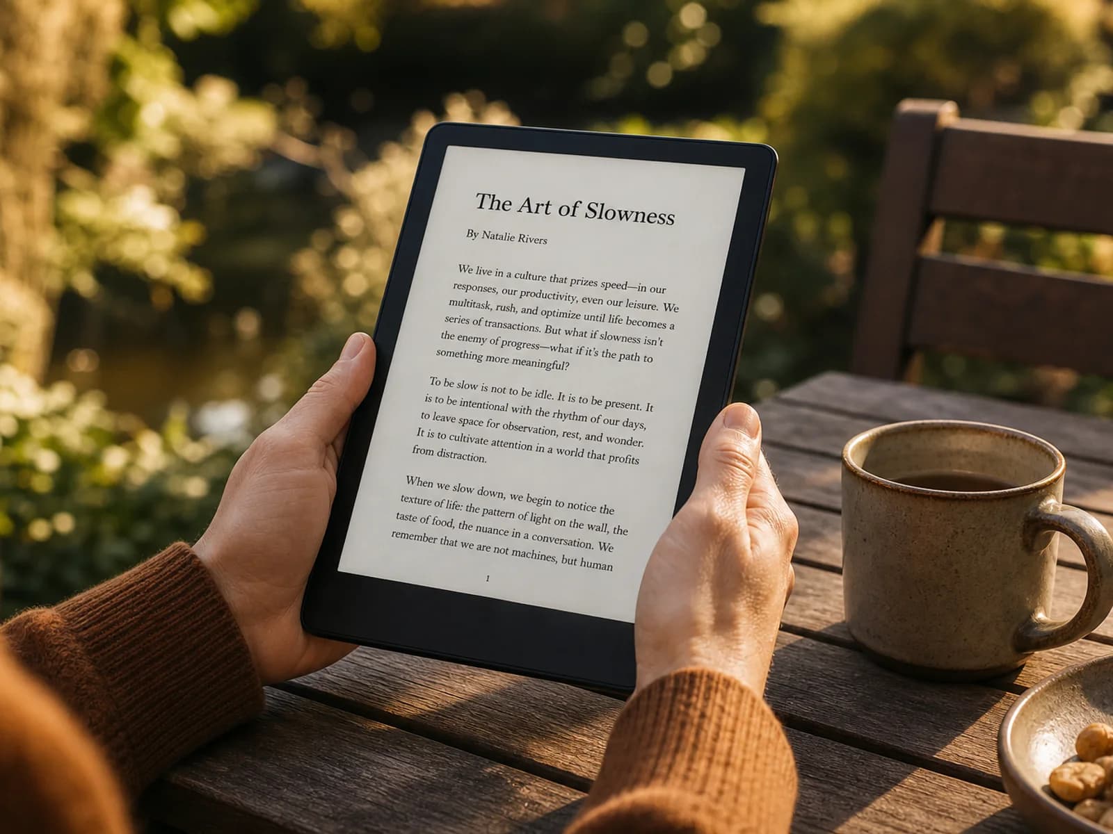 Reading a clean article on an e-reader outdoors